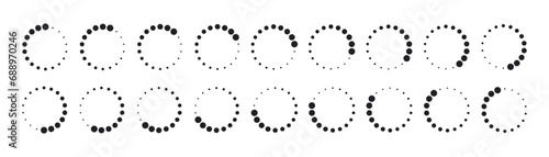 Circle dotted loading icon. Round throbber icon. Progress loader. Dotted progress time design element. Web download time symbol. Animation frames. Vector illustration isolated on the white background.