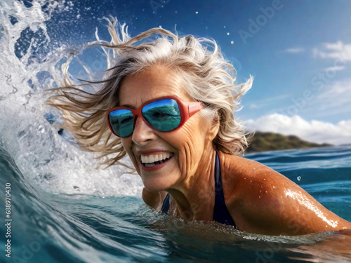 Active senior woman swimming in the ocean, displaying joy, embodying a healthy, retired lifestyle © LynnC