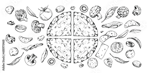 Hand drawn vector ink illustration. Pizza dough slice, assorted ingredients, Italian cuisine sketch. Composition isolated on white. Design for restaurant menu, cafe, food shop or package, flyer print.