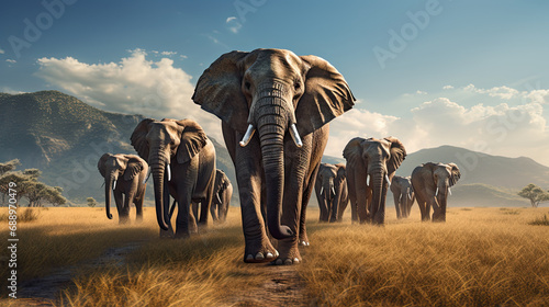 large elephant group walking with mountain in background photo