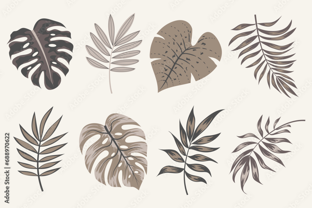 Tropical leaves vector clipart. Exotic leaves, monstera and plants on a light background. Abstract tropical design, isolated elements. Vector illustrations. Tropical leaves vector clipart. Exotic leaves, monstera and plants on a light background. Abstract tropical design, isolated elements. Vector illustrations.