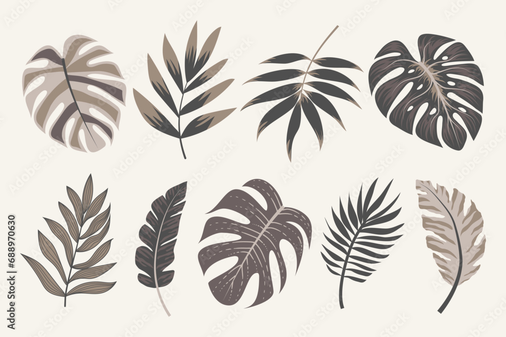 Tropical leaves vector clipart. Exotic leaves, monstera and plants on a light background. Abstract tropical design, isolated elements. Vector illustrations. - obrazy, fototapety, plakaty 