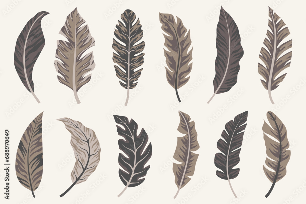 Tropical leaves vector clipart. Exotic leaves and plants on a light background. Abstract tropical design, isolated elements. Vector illustrations. - obrazy, fototapety, plakaty 