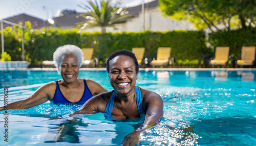 Active senior women enjoying aqua fit class in a pool, displaying joy and camaraderie, embodying a healthy, retired lifestyle © LynnC