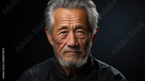 Elderly asian man looking at camera with sad look on black background photo