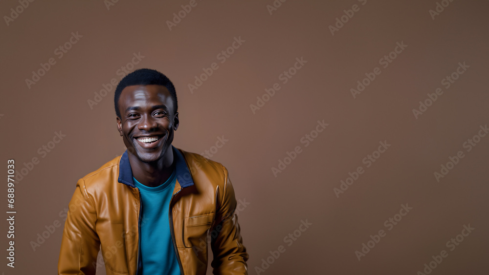 Obraz premium Young man smiling isolated on studio background. Copyspace area