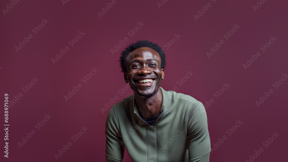 Young man smiling isolated on studio background. Copyspace area