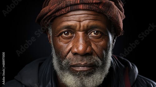 Elderly black man looking at camera with sad look on black background