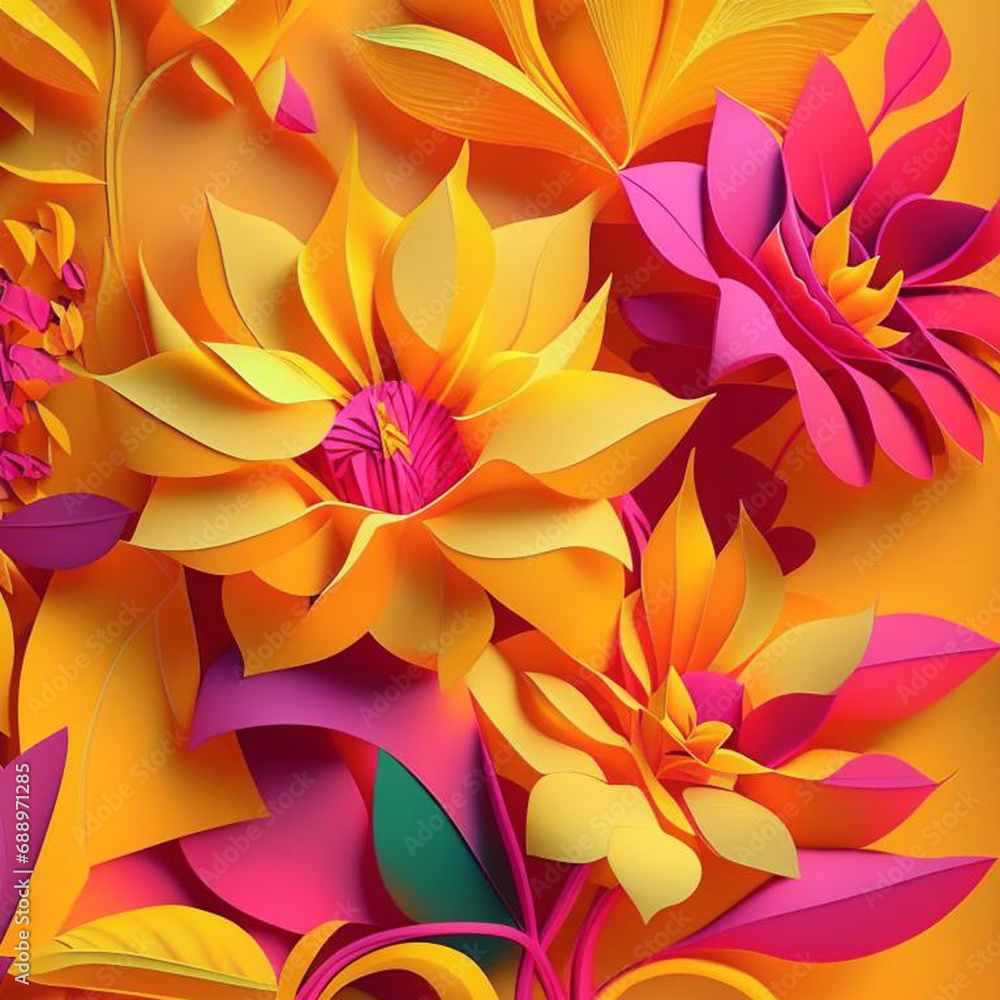 Pink and yellow flowers with stems and leaves. Pink and yellow flowers with stems and leaves.