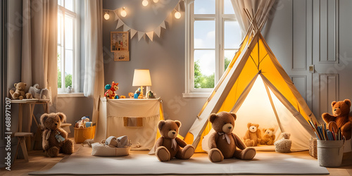 Children's bedroom in the morning with toys, teddy bear and a tent.