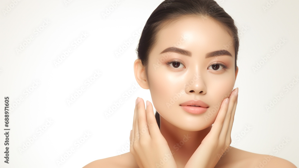 Beautiful young asian woman with perfect skin touching her face. Facial treatment. Cosmetology, beauty and spa concept.
Beautiful young asian woman with perfect skin touching her face. Facial treatment. Cosmetology, beauty and spa concept.