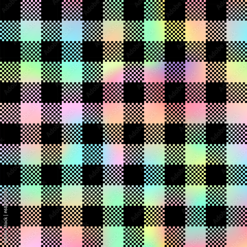 Holographic and black plaid seamless patten. Vector checkered rainbow gradient plaid textured print. Shiny Iridescent plaid texture for fashion, print, design, wallpapers, background.