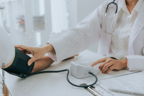 Female doctor's hands using a blood pressure monitor and stethoscope to check blood pressure on a sick man in hospital. photo