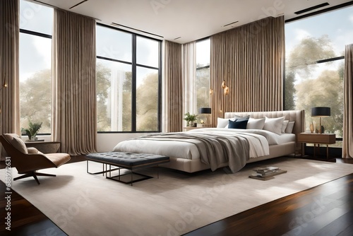 modern living room Luxurious new bedroom with large over sized windows 