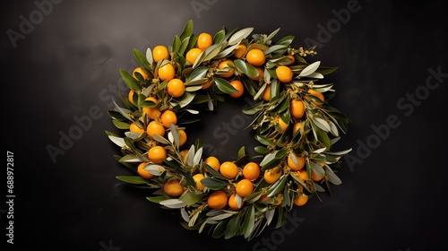 Christmas wreath on a table made of olive branch and cumquats. photo