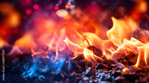 Vivid flames dance over charcoals, creating a mesmerizing display of fiery colors against a dark backdrop, perfect for a vibrant barbecue background.