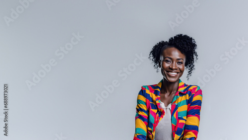 Beautiful young woman smiling isolated on studio background. Copyspace area photo