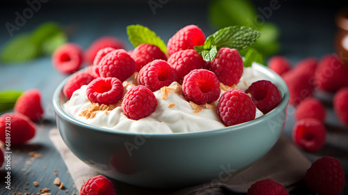 Fresh raw red raspberries with natural creamy yogurt.Macro.AI Generative