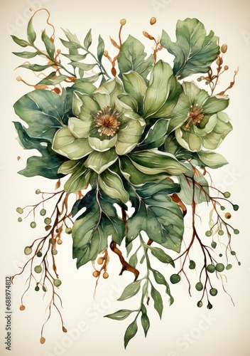 Elegant illustration with green flowers and leaves