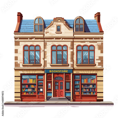 Realistic Vector Illustration of Bookstore Building Facade in Flat Color and Kid Friendly Style On White Background