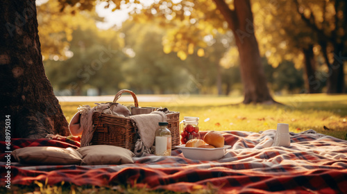 A picnic blanket under a tree with autumn snacks, in the style of dreamy autumn picnics. Generative ai