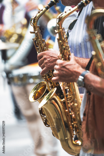 Saxophones playing in a Balkan fanfare