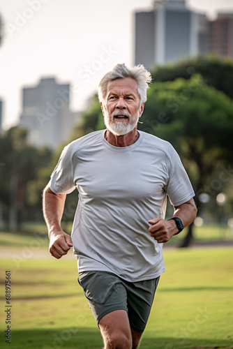 Elderly Athlete Running in an Urban Park, Symbolizing Active Lifestyle and Health Consciousness in Modern Aging