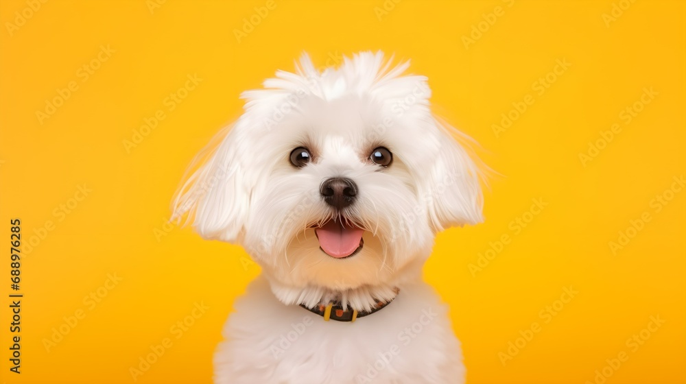 Portrait of purebred lap maltese dog animal pet friend against yellow color background. Generative AI Portrait of purebred lap maltese dog animal pet friend against yellow color background. Generative AI
