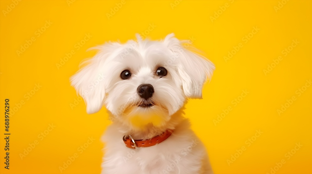 Portrait of purebred lap maltese dog animal pet friend against yellow color background. Generative AI Portrait of purebred lap maltese dog animal pet friend against yellow color background. Generative AI