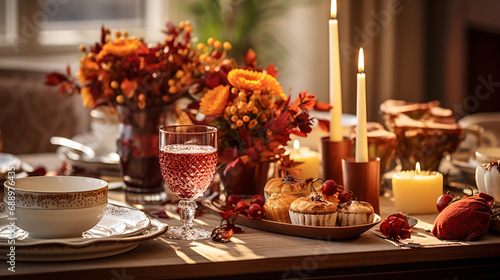 A classy table setting with autumnal accents. Generative ai