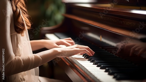 Young woman pianist hands playing piano in domestic home setting. Generative AI