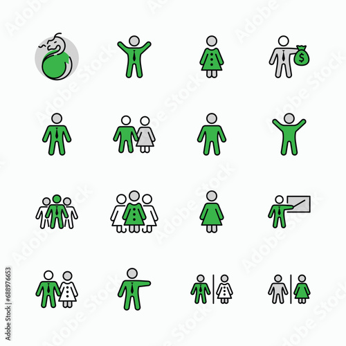 Set of people vector line icons. It contains the symbols of a man, a woman, a family, a toilet, a businessman, a teacher, and much more. Editable Stroke. 32x32 pixels.