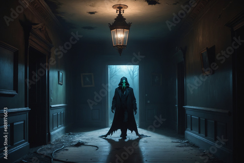An eldritch creature wandering the halls of an abandoned Victorian mansion - Oil painting photo