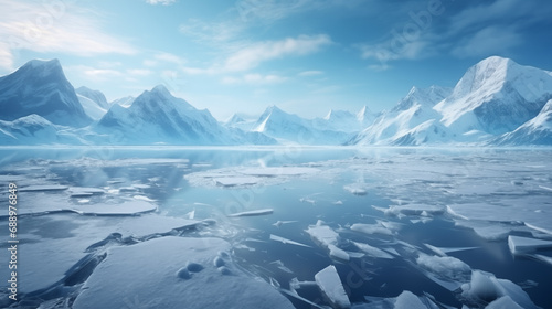 Arctic winter landscape with large glaciers frozen sea and blizzards Artificial Intelligence Rendering © Diana Zelenko