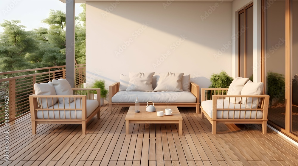 cosy simple living simplicity home interior design wooden terrace and comfort exteriro sofa furniture set on balcony terrace. Generative AI - obrazy, fototapety, plakaty 
