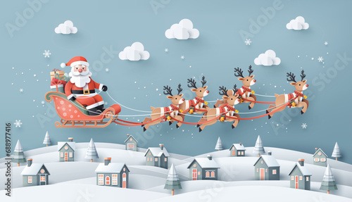 Santa Claus Riding Sleigh Over Snow Village — Christmas Paper Cut Scene