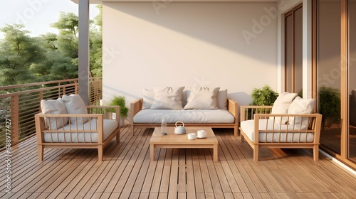 cosy simple living simplicity home interior design wooden terrace and comfort exteriro sofa furniture set on balcony terrace. Generative AI photo