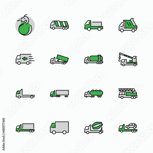 Truck Set of Transport Vector Line Icons. Contains such Icons as Truck, Transportation, Tow Truck, Cranes, Mixer, Garbage Truck, Manipulators, Delivery service and more. Editable Stroke. 32x32 Pixel