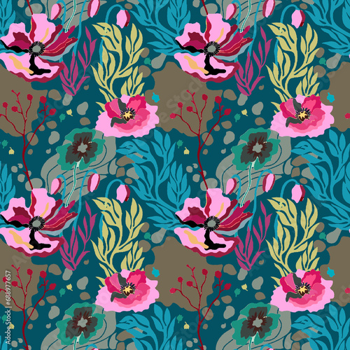 Beautiful digital textile design all over seamless floral abstract geometric colorful patterns.