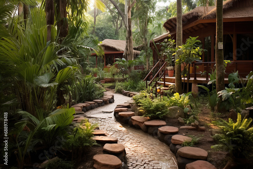 An intimate pathway meanders through a verdant Ayurvedic retreat, flanked by rich greenery and traditional wooden cabins, creating a sense of secluded natural wellness. photo