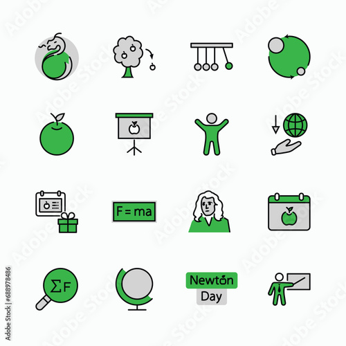 Newton's Day Set Line Vector Icon. Contains such Icons as Newton, Laws of physics and gravity, Flying Apple, Calendar, Teacher, blackboard and projector Editable Stroke. 32x32 Pixel Perfect