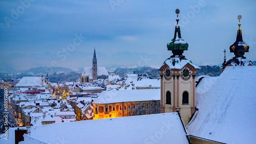 panoramic view of the old town of Steyr in Upper Austria on a snowy day in December