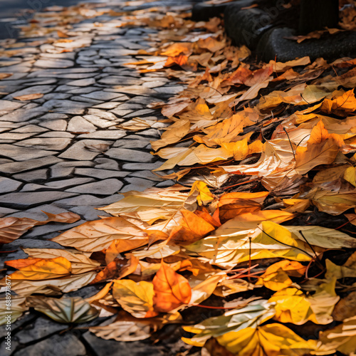 Falling leaves on a sidewalk create abstract patterns. Generative ai © ikkilostd