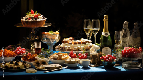 Luxurious New Year's Eve Dinner Setting with Champagne, Fruit, and Decadent Pastries