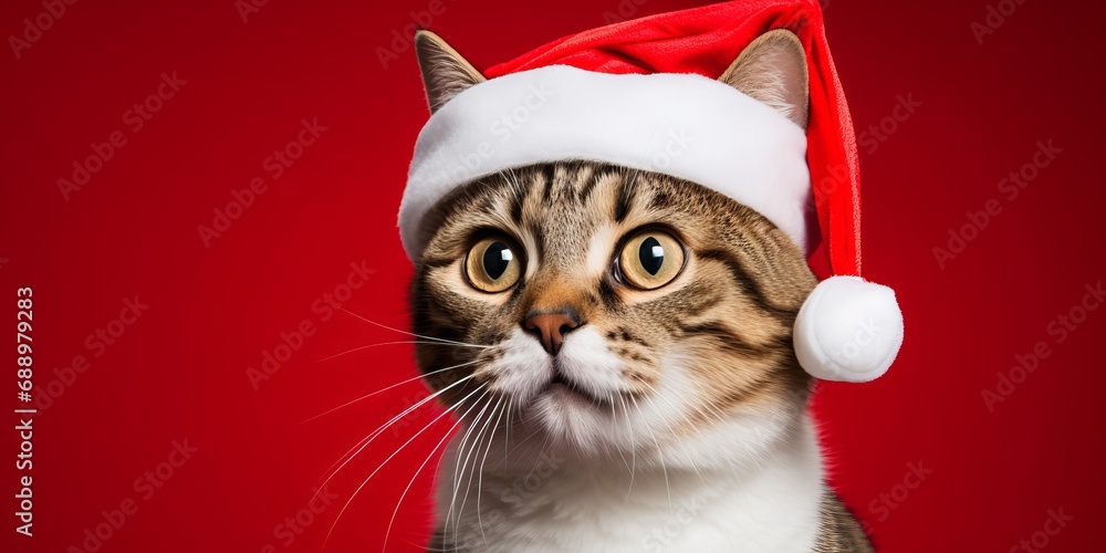 Tabby cat with a Santa hat against a red background Tabby cat with a Santa hat against a red background