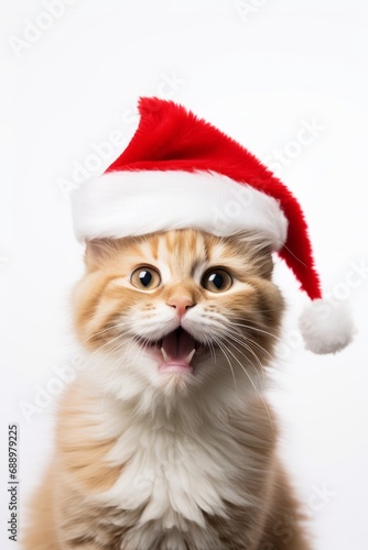 Fluffy cat with a Santa hat on a white background © ParinApril