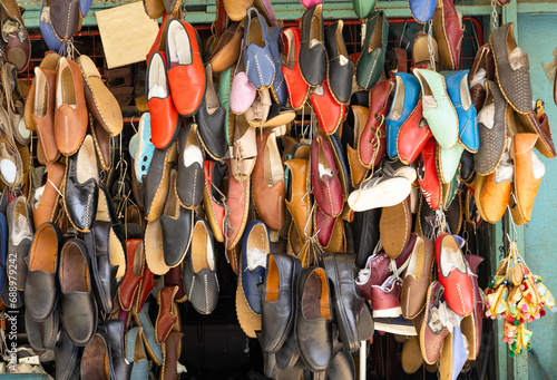 Traditional colorful Turkish handmade leather slipper shoes on a market in Gaziantep, Turkey
