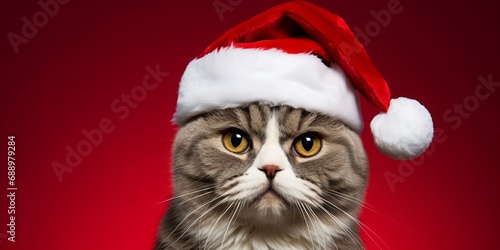 Tabby cat with a Santa hat against a red background