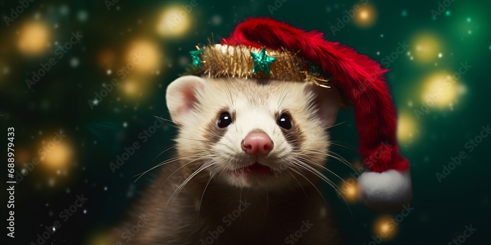 Excited ferret in a Santa hat with a Christmas in the background Excited ferret in a Santa hat with a Christmas in the background