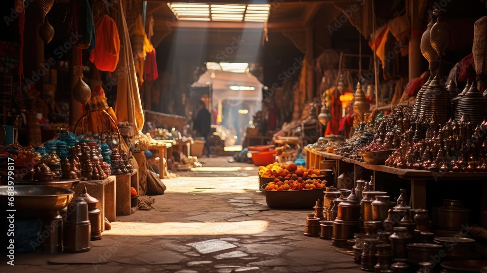 Busy street market in Marrakech, Morocco filled with colorful fabrics, spices, tapestries